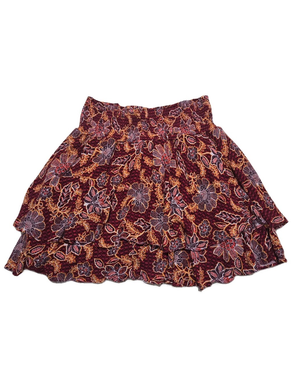 Jessica Simpson Boho Floral Smocked Tiered Ruffle Mini Skirt - Burgundy XL
